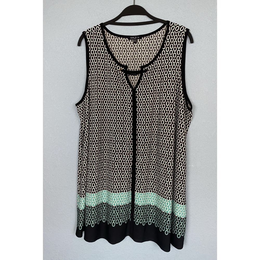 Sami & Jo Sleeveless Top Womans 2XL Geometric Black White Teal‎